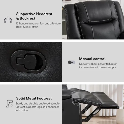 Miniatura 4 de EBELLO Genuine Leather Recliner Manual Chair for Living Room, 1 Seater Reclining Sofa Chair with Headrest and Armrest, Modern Durable Home Furniture