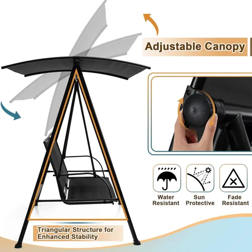 Miniatura 6 de Tangkula Columpio de porche para 2 personas, columpio de patio con toldo ajustable, asiento de tela cómodo y marco de acero resistente, columpio
