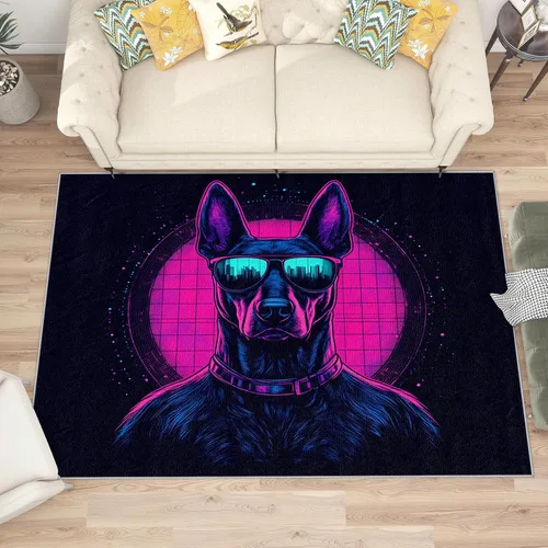 Miniatura 2 de Alfombras de neón para sala de juegos, alfombra de 2 x 3, alfombra de área Doberman, alfombra retro Cyberpunk lavable antideslizante, alfombra