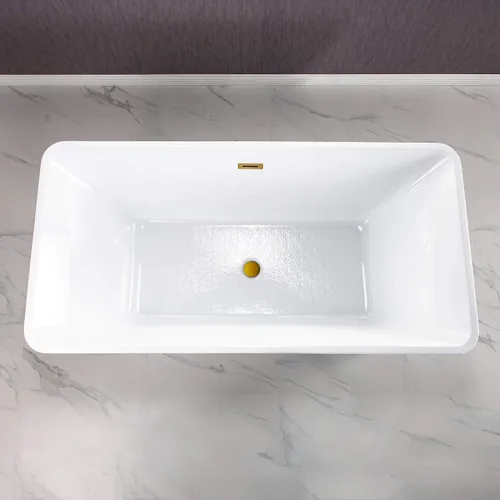 Miniatura 5 de WOODBRIDGE Bañera de acrílico independiente de 59 pulgadas, bañera blanca de remojo contemporáneo con desbordamiento y drenaje de oro cepillado
