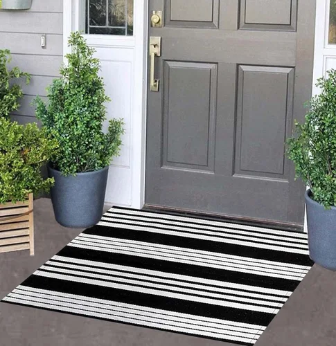 Miniatura 33 de Tapete para exteriores de rayas color negro y blanco, tapete tejido a mano lavable a máquina para interiores, porche, entrada, sala, pasillo, Rayas