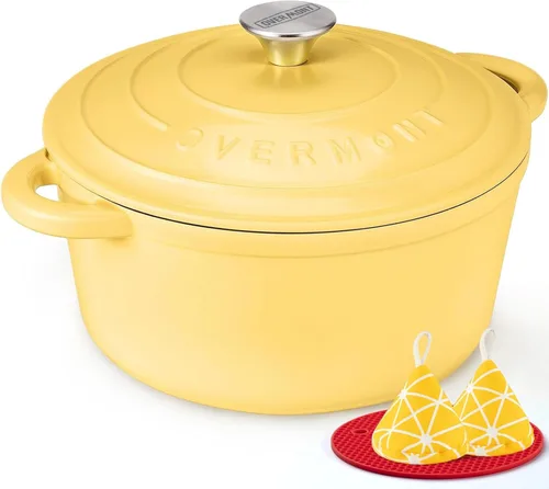 Miniatura 16 de Overmont Horno holandés de hierro fundido esmaltado, olla de 5.5 cuartos de galón con tapa de asas anchas, libro de cocina y agarraderas de algodón