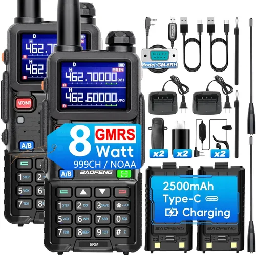 Miniatura 9 de BAOFENG 5RM GMRS - Radio de mano, UV-5G Plus (4 baterías de 2500 mAh), radio bidireccional de 5 W de largo alcance multibanda con 999 canales