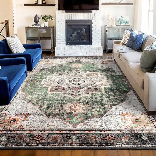 Miniatura 49 de Alfombra de área de 5 x 7 pies para sala de estar, alfombra verde boho antideslizante lavable, alfombra vintage de pelo bajo, alfombra grande