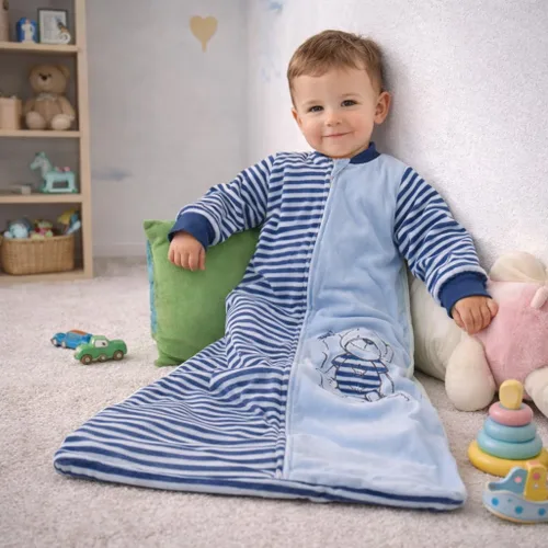 Miniatura 4 de Tog 2.0 - Saco de dormir para niños pequeños, manga larga, terciopelo de algodón, cálido saco de dormir con brazos para bebé, 4 estaciones, Azul