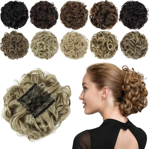Miniatura 7 de Rose bud Postizo de Moño Rizado Extensiones de Moño Coletero Peinado Recogido Peinetas Sintéticas en Postizo de Moño Desordenado para Mujeres Marrón