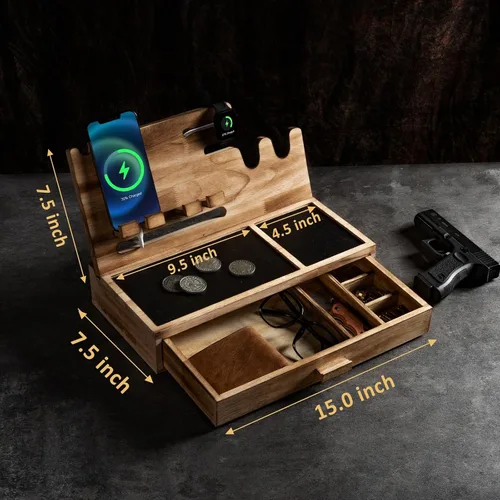 Miniatura 7 de DGWJSU Estación de acoplamiento para teléfono como regalo para hombres, estante de pistola de madera como organizador de mesita de noche para caja