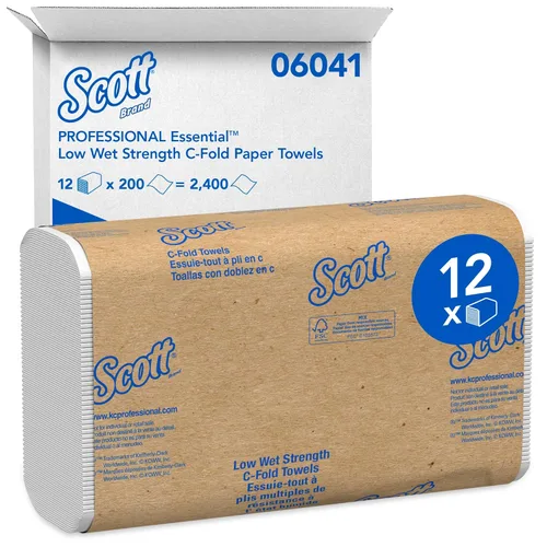 Scott Professional Essential - Toallas de papel plegadas en C, a granel (06041), baja resistencia a la humedad, color blanco (200 hojas/paquete, 12