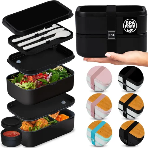 Miniatura 13 de KARRICO Caja Bento Doble Premium para Adultos, 67 onzas líquidas sin BPA - Lonchera Apilable Color Crema con Tapas y Divisores a Prueba de Fugas