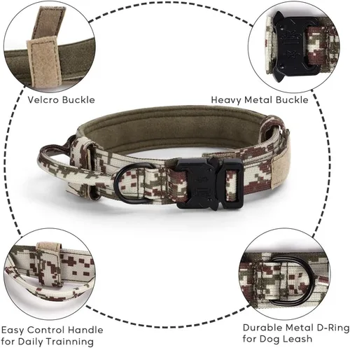 Miniatura 2 de Collar táctico para perro, collar de entrenamiento militar ajustable de nailon para perro con mango de control y hebilla de metal pesado de Marrón