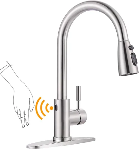 Miniatura 28 de WOWOW - Grifo de cocina cromado con rociador, grifo de fregadero de cocina extraíble de acero inoxidable con placa de cubierta, grifo de cocina