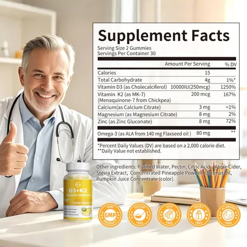 Miniatura 2 de Gomitas de vitamina D3 K2, vitamina D3 10000IU, K2 (MK-7) 200mcg, suplemento de vitamina D3 con K2 6 en 1 con omega-3, magnesio, calcio y zinc