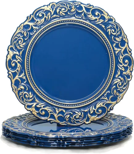 Miniatura 13 de Juego de 6 platos de carga marrones, cargadores de platos de madera sintética, cargador de plástico de 13 pulgadas para cenas y mesas de fiesta.