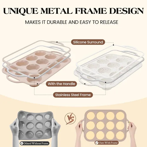 Miniatura 2 de Vinino Juego de 2 moldes de silicona para magdalenas para hornear con marco reforzado de metal, molde de 12 tazas de tamaño regular antiadherente
