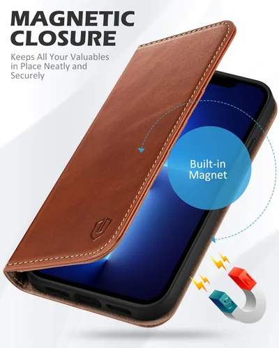 Miniatura 4 de SHIELDON Funda para iPhone 13 Pro Max 5G, cartera de cuero genuino tipo folio magnética con amortiguación de golpes, bloqueo RFID, tarjetero, Marrón