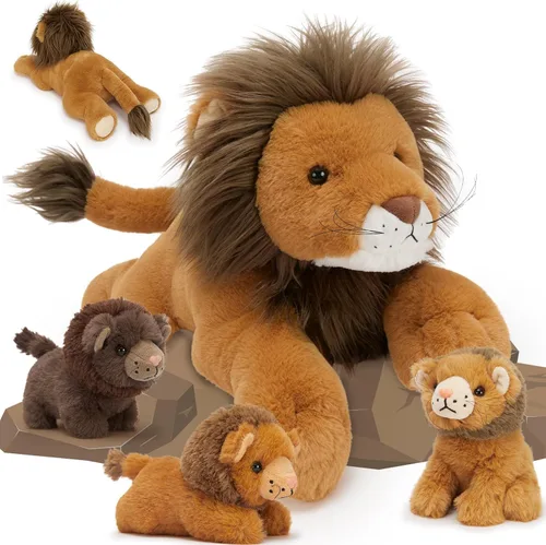 MaoGoLan Juego de 4 peluches de león de 19.6 pulgadas con 3 bebés en ella con cremallera trasera, regalos encantadores para niños, adecuado para