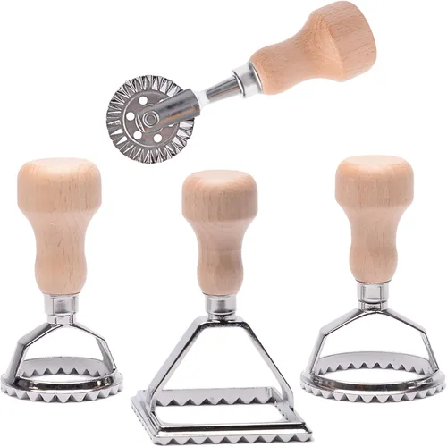 Miniatura 9 de Cortador de sellos de ravioli con juego de ruedas de rodillo, molde con mango de madera y borde estriado, accesorio de cocina para prensa de pasta