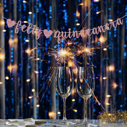 Miniatura 4 de Cartel de Feliz Quinceañera, oro rosa con purpurina Happy Quinceañera/Princesa De Quince/Mis Quince 15, suministros de decoración de fiesta