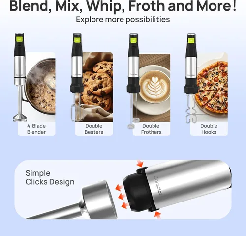 Miniatura 4 de Consciot 4 en 1 licuadora de inmersión de mano Max 1100W, varilla con cable emulsificadora con eje de licuadora entero de acero inoxidable, control