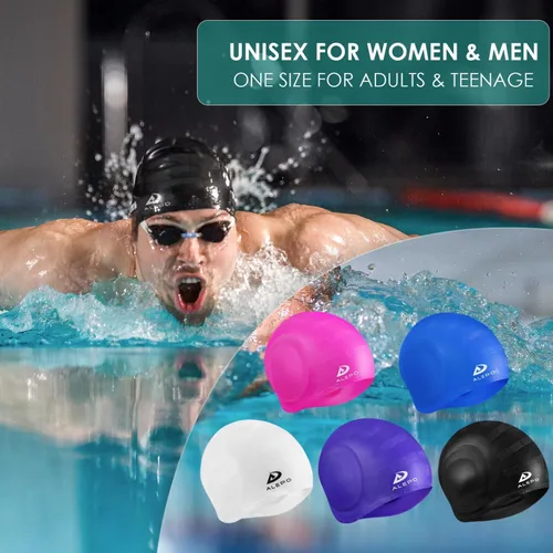 Miniatura 6 de Alepo 2 Pack Unisex Swim Caps with 3D Ear Protection, Durable Flexible Silicone Swimming Hats for Women Men Kids Adults, Bathing Swimming Caps for
