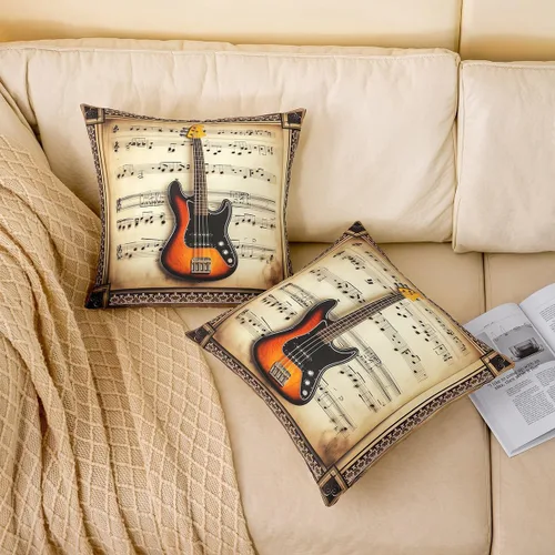 Miniatura 2 de Rustic Musical Double Sides Print Pillow Covers,Guitar Bass Instruments Print Soft Square Cushion Cases 24"x 24",Retro Note Boho Ethnic Plaid Throw