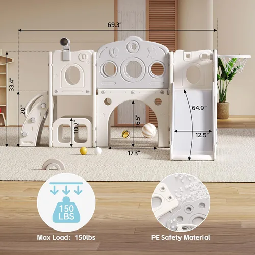 Miniatura 6 de Tobogán 8 en 1 para niños pequeños, juego para interiores y exteriores para niños de 1 a 3 años, tobogán escalador para niños con espacio de Gris