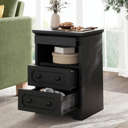 Miniatura 7 de Mesita de noche LIKIMIO, mesa de noche moderna con 2 cajones, estante abierto, mesa auxiliar con bandeja extraíble, mesa auxiliar de madera
