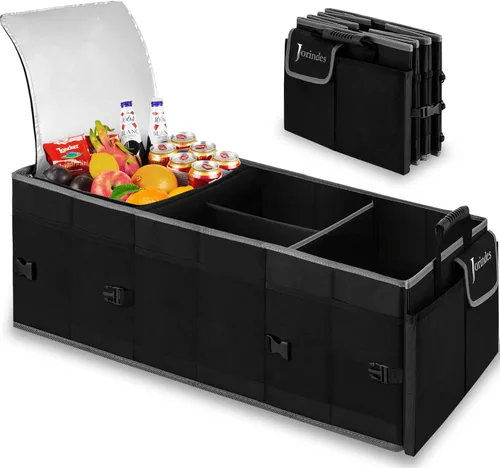 Organizador de maletero con bolsa de enfriamiento aislada y a prueba de fugas incorporada, organizador de carga plegable para SUV con tiras
