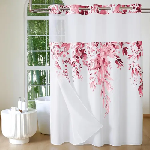 Miniatura 10 de QiyI Cortina de ducha sin gancho con forro de tela a presión, cortina de ducha de eucalipto azul con ventana superior transparente, tela