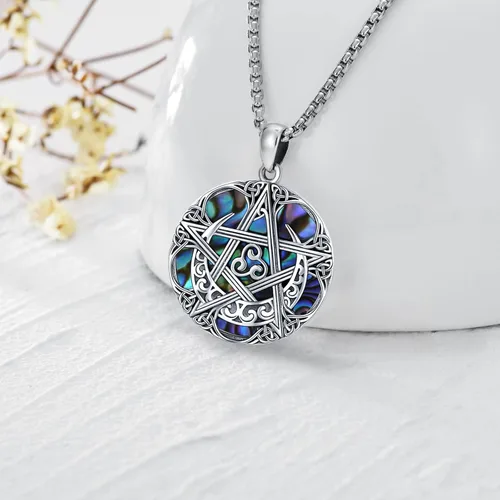 Miniatura 2 de Collar de pentagrama de plata de ley con triple luna, diosa celta, nudo celta, nudo de brujas, Ankh, sol y luna, Hécate, lilith, Santa Muerte
