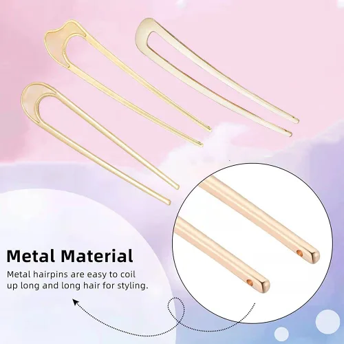 Miniatura 6 de Paquete de 3 horquillas en forma de U para el cabello francés, moño para el cabello, chignon dorado para mujer, accesorios para el cabello