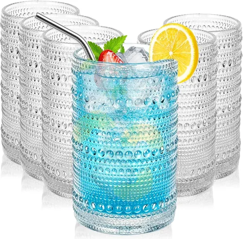 Miniatura 9 de Blue Hobnail - Juego de 6 vasos de vidrio vintage transparente de 15 onzas, vasos altos de vidrio azul vintage para jugo, cerveza, cóctel, leche