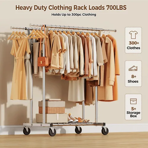 Miniatura 2 de HYSEYY Perchero de ropa resistente, perchero con ruedas para colgar ropa con estantes, carga de 700 libras, armario portátil con ruedas