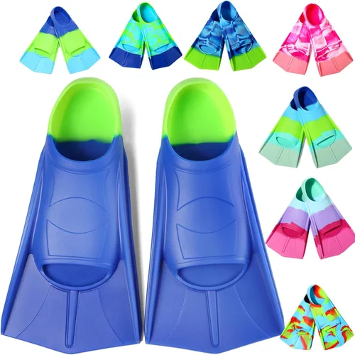 Miniatura 16 de Aletas de Natación para Niños, Aletas Cortas Cómodas para Natación de Vueltas y Entrenamiento para Niños, Niñas, Niños, Principiantes Azul y lima