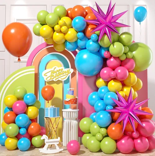 Arco de globos de color verde, azul, amarillo y naranja, guirnalda de globos de arcoíris con globos de látex rosa, rojo, amarillo, naranja, azul,