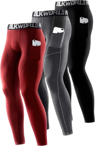 Miniatura 21 de SILKWORLD Paquete de 1 a 3 pantalones de compresión para hombre, con bolsillos, leggings de gimnasio y secado fresco