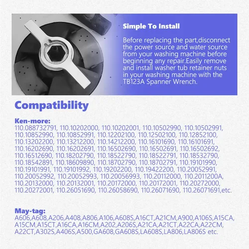 Miniatura 3 de HASMX TB123A Llave inglesa para lavadora Maytag Whirlpool GE reemplaza números de pieza: AP6832671, TJ90TB123A, 12393, 123931, OVR23A, TB123