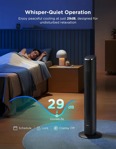 Miniatura 4 de GoveeLife Ventilador de torre negro para dormitorio, ventilador de piso inteligente de 36 pulgadas con control de aplicación/voz, sensor