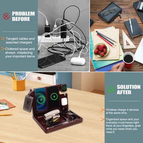 Miniatura 6 de Base de carga para teléfono de madera Xunhomon, estación de carga inalámbrica de 27W de carga rápida para 2 teléfonos para iOS/Android/iWatch/Air