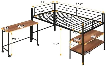 Miniatura 2 de anwickjeff Moderna cama baja tipo loft tamaño individual con escritorio y 2 estantes de almacenamiento para niños y adultos, marco de cama de metal