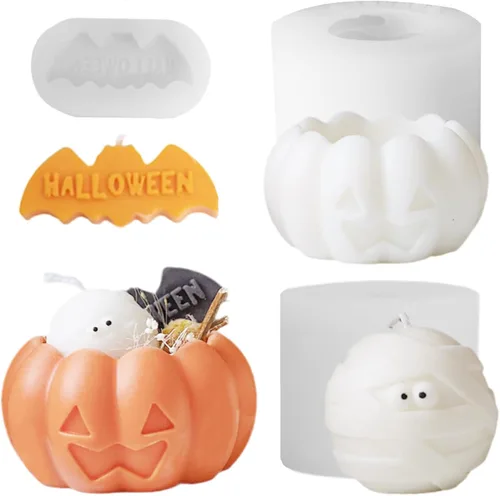 Miniatura 6 de 2 moldes de silicona para velas de Halloween, bricolaje 3D de calabaza malvada, molde de cera para hacer velas de yeso, adorno de resina, jabón, 2