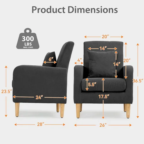 Miniatura 3 de OS MOTOR Sofá tapizado con almohada, sillón de tela con patas de madera, cómoda silla de descanso para sala de estar, dormitorio u oficina, soporta