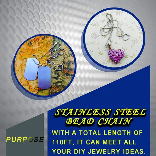 Miniatura 3 de Cadena de cuentas de bola de 0.094 in, cadenas extralargas de acero inoxidable de 110 pies, cadena de placa de identificación para perro con 200