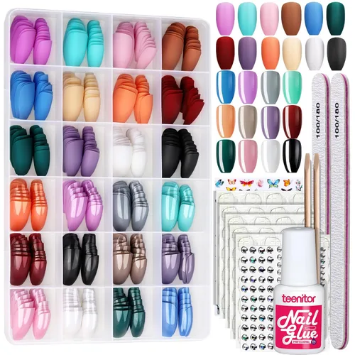 Miniatura 8 de Teenitor 24 paquetes de uñas postizas cortas a presión, 576 piezas de uñas postizas redondas a presión, uñas postizas cortas mate y brillantes