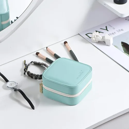 Miniatura 7 de Joyero de viaje de cuero de lujo para mujer, mini organizador de joyería pequeña, estuche de viaje portátil para anillos, aretes, collares
