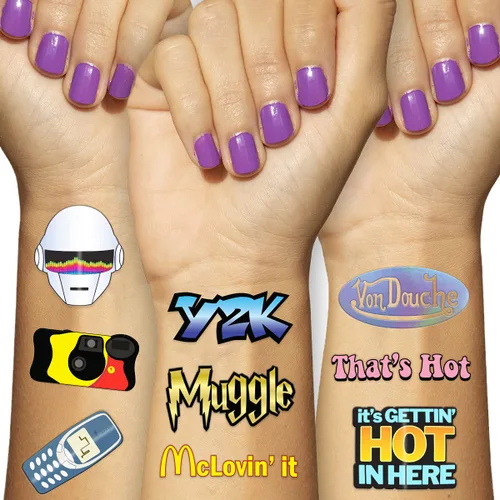 Throwback 2000s Y2K Tatuajes temporales - 4 hojas - Divertidos recuerdos de fiesta de los años 2000, decoraciones y suministros