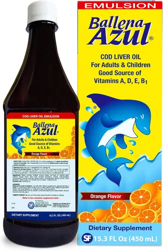 Ballena Azul Aceite de Hígado de Bacalao para Adultos y Niños, Aceite de Hígado de Bacalao para Adultos y Niños, Buena Fuente de Vitaminas A, D, E,