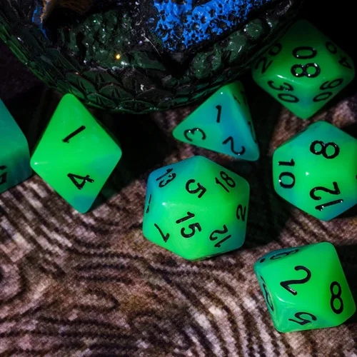 Miniatura 4 de Dados DND que brillan en la oscuridad, 7 piezas de troqueles poliédricos luminosos con bolsa de troquel de cuero, dados D&D brillantes