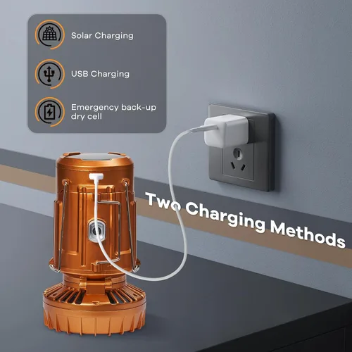 Miniatura 4 de Luz solar y ventilador 5 en 1 (dorado) - Linterna recargable con cargador de teléfono y energía portátil para huracán, emergencia, campamento, corte