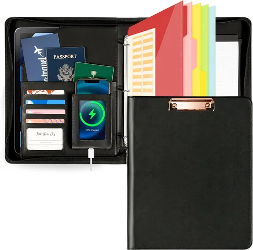 Miniatura 8 de Ospelelf Portapapeles de Cuero con Almacenamiento, Organizador de Portafolio con Cremallera, Carpeta de 3 Anillos de 1 Pulgada, Bloc de Notas, Funda